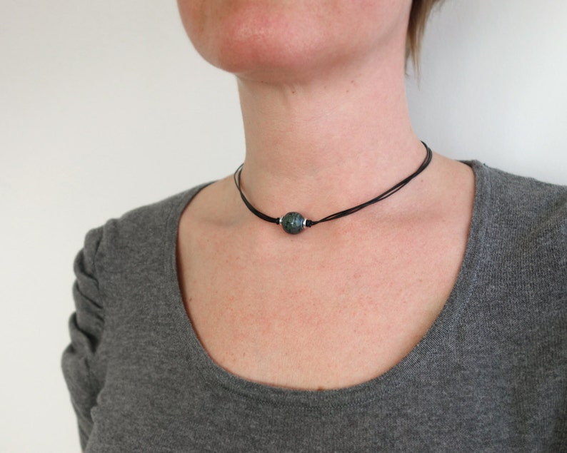 Black Leather Choker Necklace Marbled Ceramic Bead Green Blue Leather Necklace for Women image 4