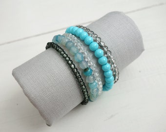 Statement Layered Cuff Bracelet Turquoise Grey Beaded Memory Wire Multi Strand Bracelet for Women