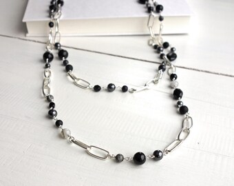 Long Wrap Necklace Black Gray Stones Glass Beads Chunky Oval Chain Rocker Chic Jewelry