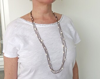 Long Layered Chain Necklace White Freshwater Pearls Vintage Style Brown Copper Multi Strand Jewelry