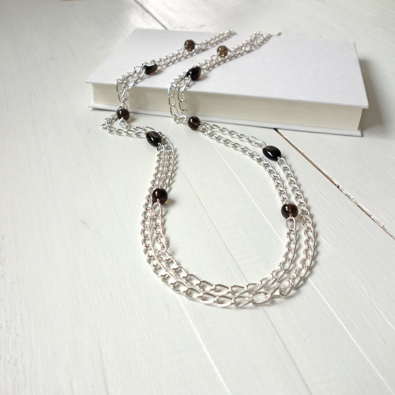 Long Double Chain Necklace Large Smoky Quartz Stones Necklace Chunky Chain Layered Long Necklace for Women image 2