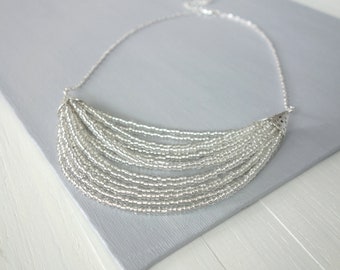 Silvery Seed Beads Bib Necklace Multi Stranded Small Glass Beads Statement Necklace Silvery Layered Beaded Necklace for Women