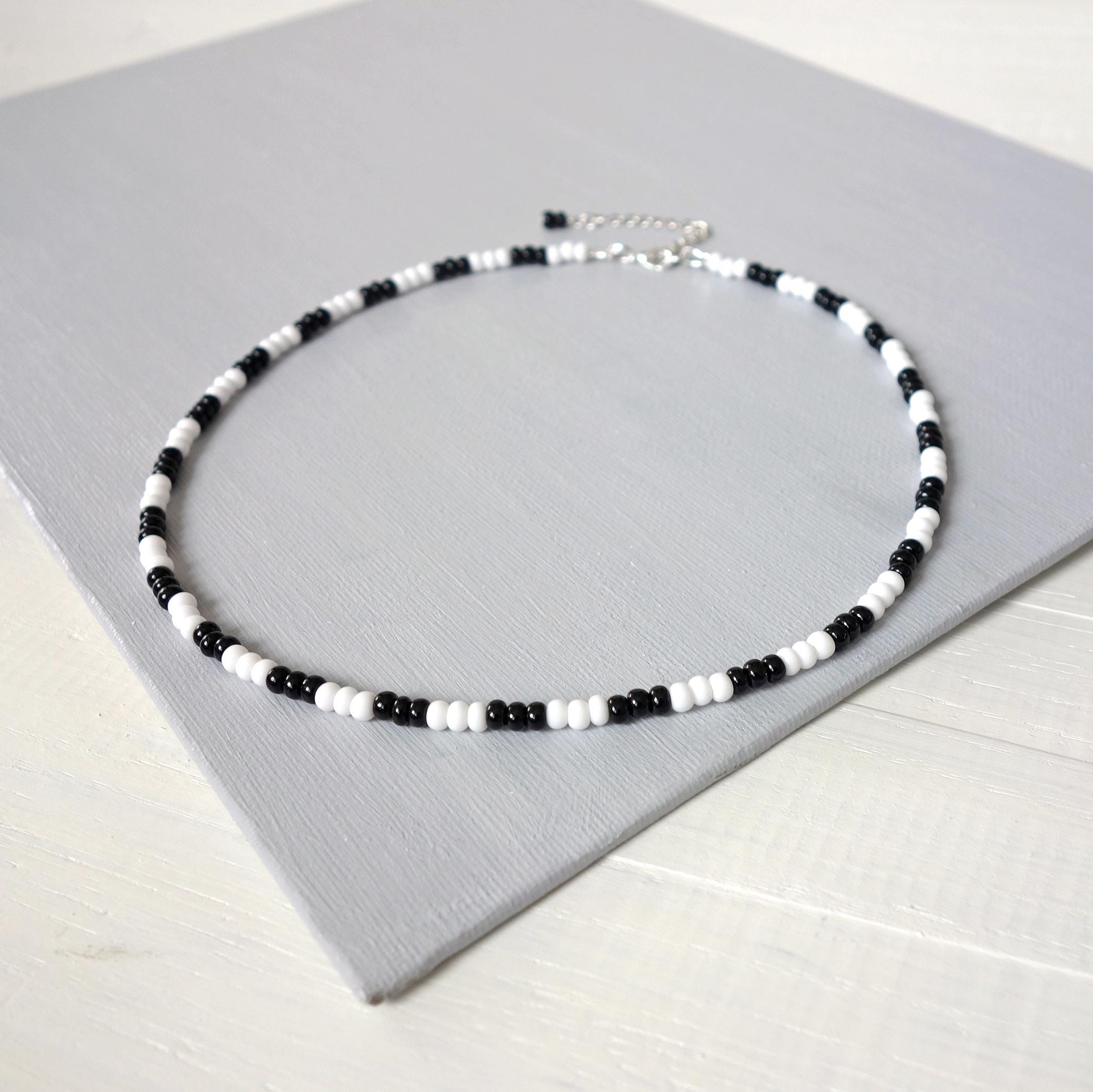 Unisex Beaded Necklace White Black Seed Beads Choker Jewelry for