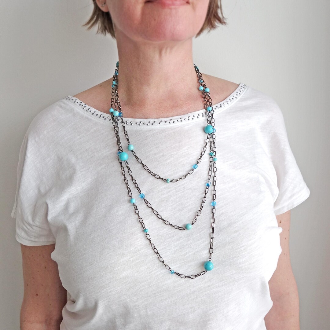 Long Wrap Necklace Blackened Metal Chain Turquoise Stones Glass