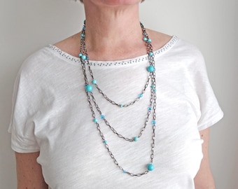 Long Wrap Necklace Blackened Metal Chain Turquoise Stones Glass Beads Variable Jewelry for Women