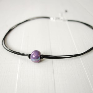 Leather Choker Necklace Purple Ceramic Bead Black Cord Choker Single Bead Minimalist Leather Necklace for Women image 2