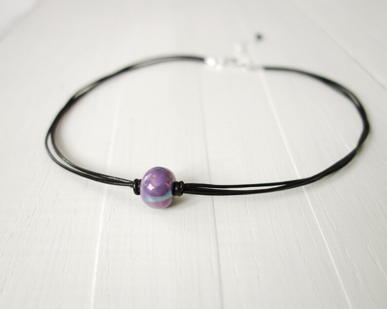 Leather Choker Necklace Purple Ceramic Bead Black Cord Choker Single Bead Minimalist Leather Necklace for Women image 2