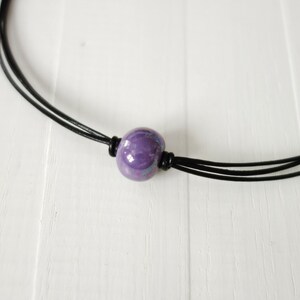 Leather Choker Necklace Purple Ceramic Bead Black Cord Choker Single Bead Minimalist Leather Necklace for Women image 3