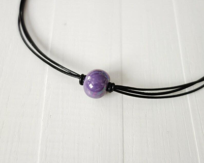 Leather Choker Necklace Purple Ceramic Bead Black Cord Choker Single Bead Minimalist Leather Necklace for Women image 3