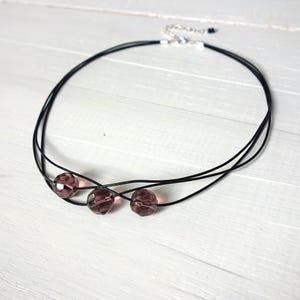 Layered Leather Choker Faceted Purple Glass Beads Black Cords Leather Necklace Multi Strand Cool Style Jewelry for Women