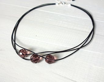 Layered Leather Choker Faceted Purple Glass Beads Necklace for Women