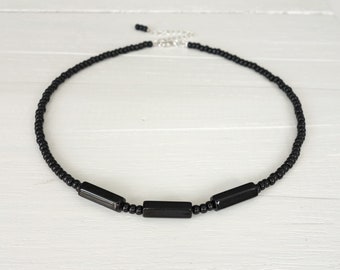 Black Beaded Necklace Black Long Glass Tube Beads Choker Necklace Unisex Style Jewelry for Men for Women