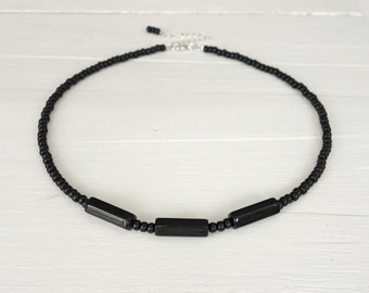 Black Beaded Necklace Black Long Glass Tube Beads Choker Necklace Short Bead Necklace for Men for Women