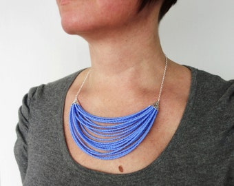 Multi Strand Statement Necklace Dark Powder Blue Seed Beads Bib Layered Jewelry for Women