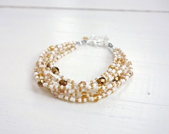 Multi Strand Beaded Bracelet White Golden Seed Beads Layered Small Glass Beads Bracelet for Women