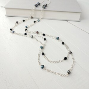 Double Chain Necklace Peacock Freshwater Pearls Black Glass Beads Long Necklace for Women image 2