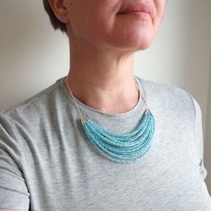 Multi Strand Seed Beads Bib Necklace Teal Blue Beaded Statement Necklace Small Glass Beads Layered Jewelry for Women
