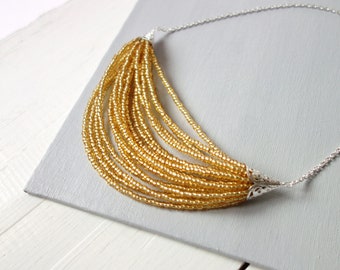 Layered Beaded Bib Necklace Golden Yellow Seed Beads Multi Strand Statement Necklace for Women
