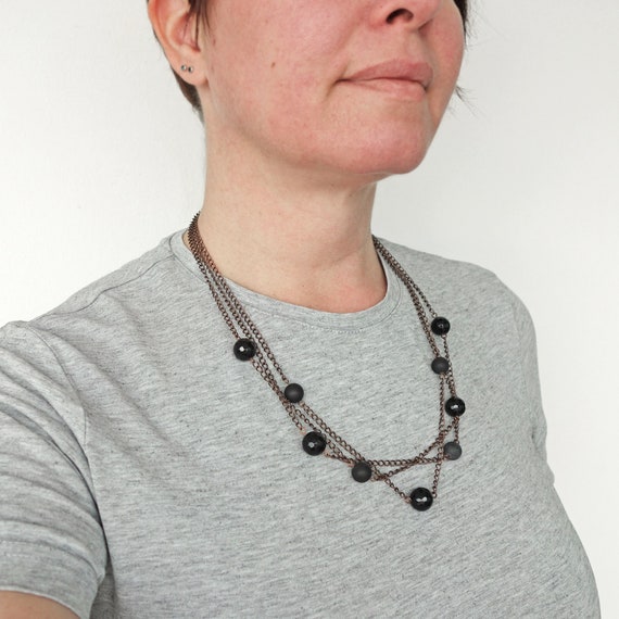 Multi Strand Necklace Black Onyx Stones Brown Copper Chains
