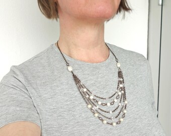 Vintage Style Bib Necklace White Pearls Clear Beads Copper Chains Layered Jewelry for Woman