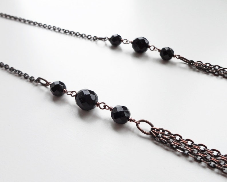 Long Chain Necklace Layered Brown Copper Chains Black Glass Beads Multi