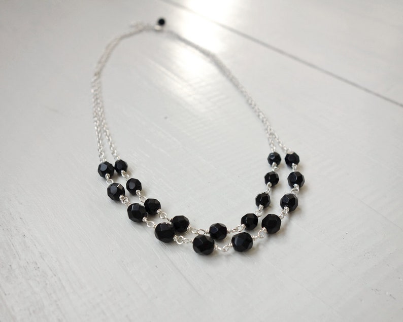 Black Bead Necklace Double Chains Necklace Multi Stranded Etsy