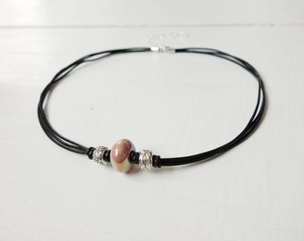 Leather Choker Necklace Pink Ceramic Bead Black Leather Cords Choker Cool Style Short Leather Necklace for Women