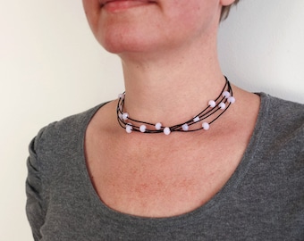 Statement Choker Necklace Pink Beads Layered Leather Choker Black Cords Collar Necklace for Women