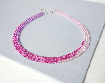 Multi Strand Choker Necklace Ombre Pink Purple Seed Beads Layered Jewelry for Women