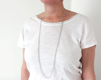 Long Layered Chain Necklace Sparkly Glass Beads Stainless Steel Elegant Multi Strand Jewelry