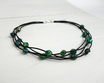 Multi Strand Leather Choker Necklace Green Glass Beads Black Cords Necklace Layered Statement Choker for Women