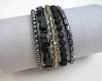 Layered Statement Bracelet Black Onyx Gray Hematite Stones Glass Beads Jewelry for Women