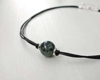 Black Leather Choker Necklace Marbled Ceramic Bead Green Blue Leather Necklace for Women