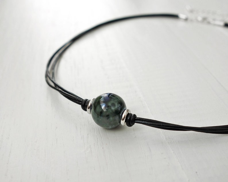 Black Leather Choker Necklace Marbled Ceramic Bead Green Blue Leather Necklace for Women image 1
