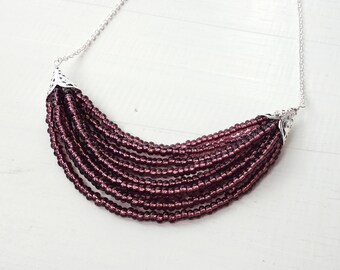 Layered Beaded Bib Necklace Purple Glass Beads Small Statement Necklace Multi Stranded Amethyst Purple Necklace for Women
