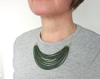 Green Bib Necklace Layered Seed Beads Statement Jewelry for Women