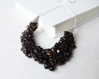 Brown Stones Statement Necklace Layered Smoky Quartz Statement Bib Necklace Multi Stranded Stone Necklace for Women