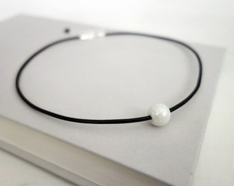 White Bead Choker Necklace Black Leather Cord Single Bead Necklace Minimalist Leather Choker for Women for Men