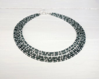 Layered Beaded Choker Necklace Gray Silvery Seed Beads Multi Strand Jewelry for Women