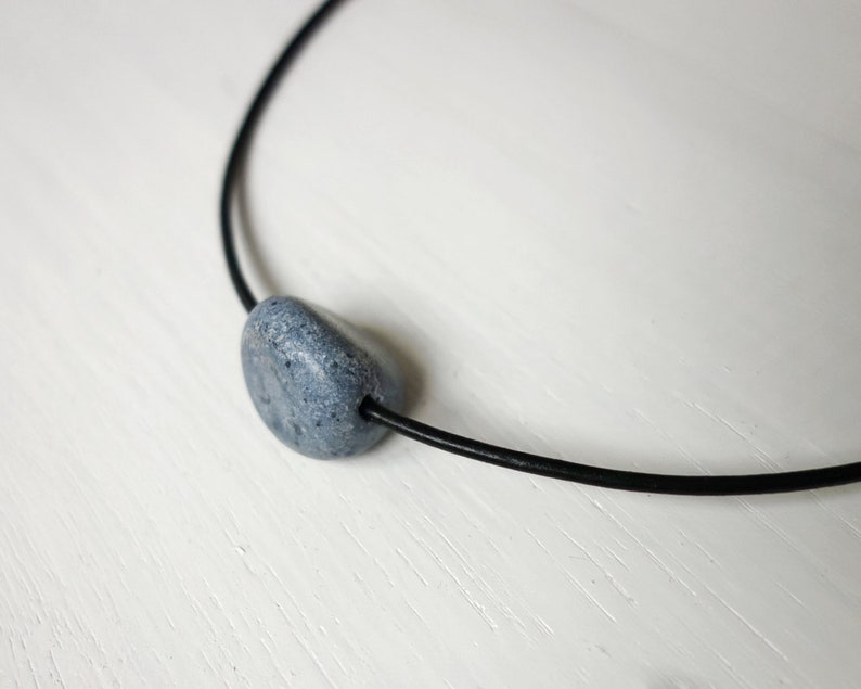 Leather Choker Necklace Blue Clay Bead Black Leather Choker Single Bead Necklace for Women image 4