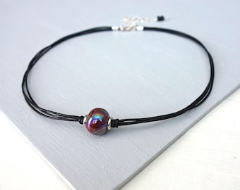 Black Leather Choker Necklace Burgundy Red Ceramic Bead Rocker Chic Necklace for Woman