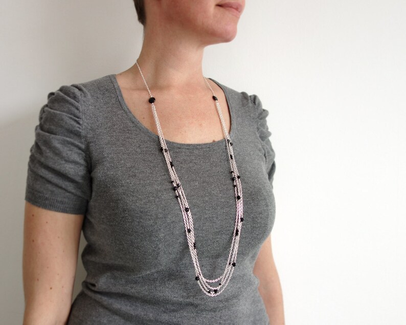 Long Chain Necklace Black Glass Beads Layered Chains Necklace Etsy
