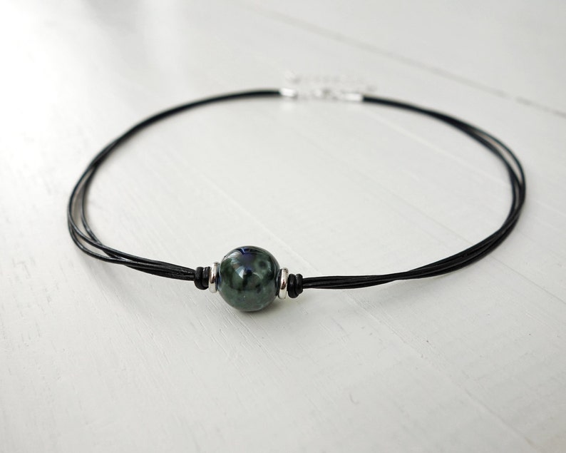 Black Leather Choker Necklace Marbled Ceramic Bead Green Blue Leather Necklace for Women image 2