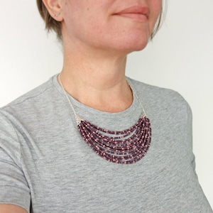 Statement Bib Necklace Plum Purple Seed Beads Multi Strand Beaded Jewelry for Women