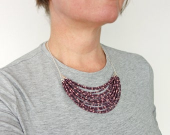 Statement Bib Necklace Plum Purple Seed Beads Multi Stranded Necklace Layered Beaded Bib Necklace for Women