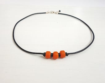 Mens Leather Necklace Bright Orange Pony Beads Black Cord Necklace Unisex Beaded Leather Necklace for Men for Women