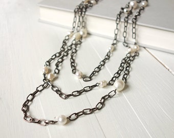 Long Wrap Chain Necklace White Freshwater Pearls Blackened Metal Chain Long Necklace Rocker Chic Pearl Chain Wrap Necklace for Women