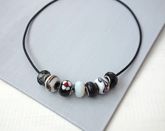 Beaded Leather Necklace Large Glass Beads Black Cord Chunky Style Jewelry for Women