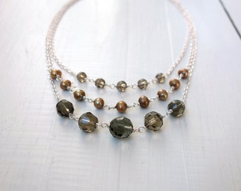 3 in 1 Stacking Chain Necklace Set Golden Freshwater Pearls Sparkly Smoky Grey Glass Beads Layering Necklaces for Women