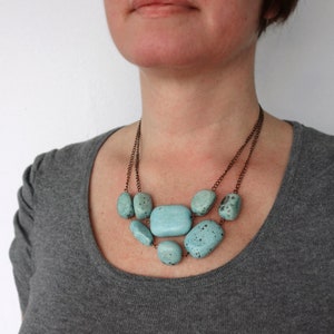 Chunky Beads Necklace Turquoise Clay Beads Layered Copper Chains Statement Necklace Multi Stranded Chunky Bib Necklace for Women image 5